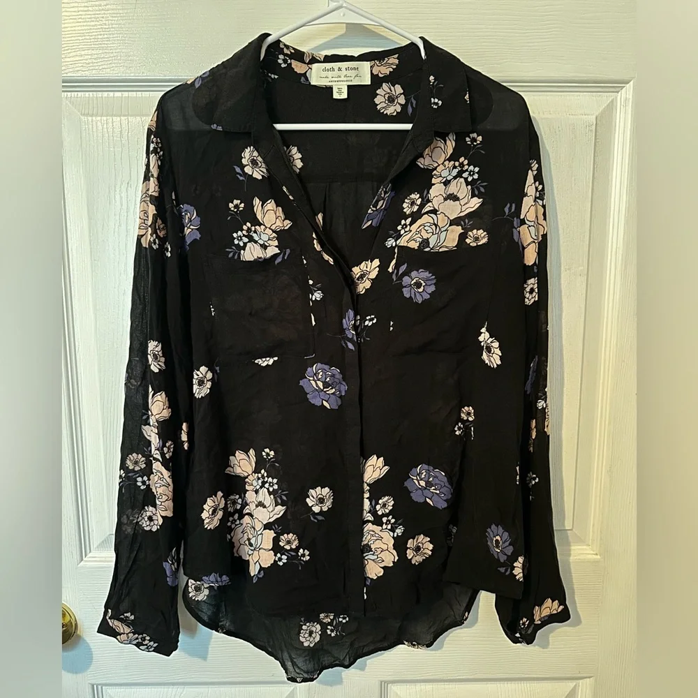 Anthropologie Cloth & Stone Black and Purple/Pink Floral Blouse - Picture 1 of 5